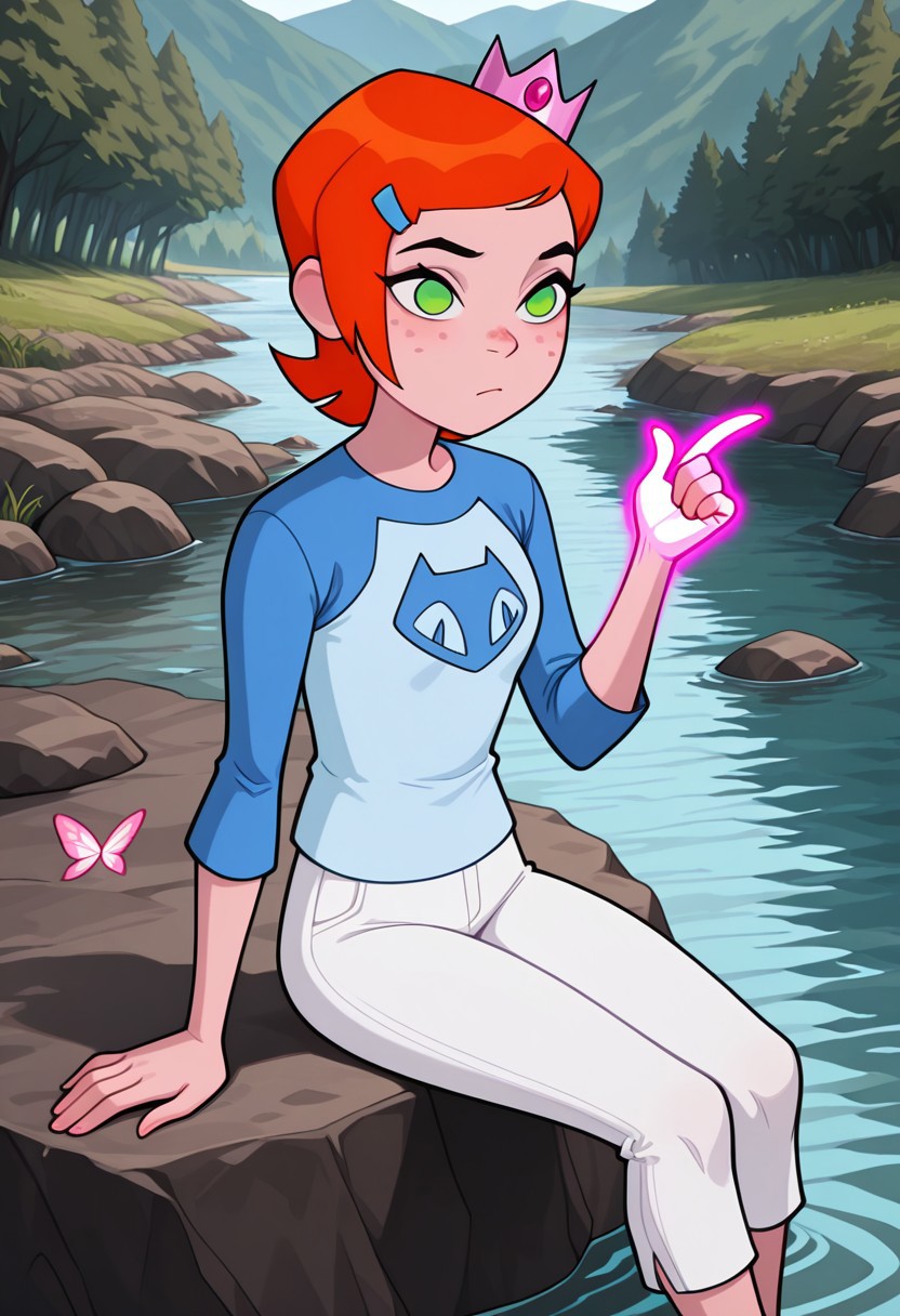 ((screencap, cartoon)) , masterpiece, best quality, amazing quality, very aesthetic, absurdres, newest,
gwenov, orange hair, 1girl, green eyes,,  freckles, 
white pants, blue shirt, raglan sleeves, short hair, hairclip
, glowing hands, pink glow, sitting on rock, pink crown, tilted crown, water, river, snapping fingers, pink butterflies