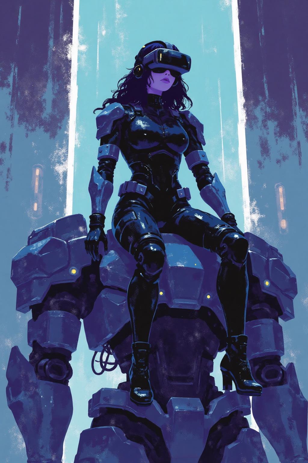 i11ustmin Illustration A striking, futuristic scene depicts a woman dressed in sleek, form-fitting leather attire, sitting confidently atop an open power suit, inspired by the cyberpunk aesthetics of Masamune Shirow. The power suit, a blend of advanced technology and military-grade armor, features intricate mechanical details, exposed wiring, and a robust, yet streamlined design. The woman, wearing a cutting-edge VR headset, exudes a sense of control and mastery over the machine beneath her. Her posture is relaxed yet commanding, with one hand resting on the suit’s metallic surface and the other casually holding a piece of advanced tech. The background is a high-tech industrial setting, with dim lighting that casts dramatic shadows, highlighting the fusion of human and machine. The overall atmosphere is one of futuristic coolness and cybernetic elegance, capturing the essence of Shirow’s iconic  <lora:minimalist_flat_illustration_nbm:1.0><lora:797681358223761955:0>