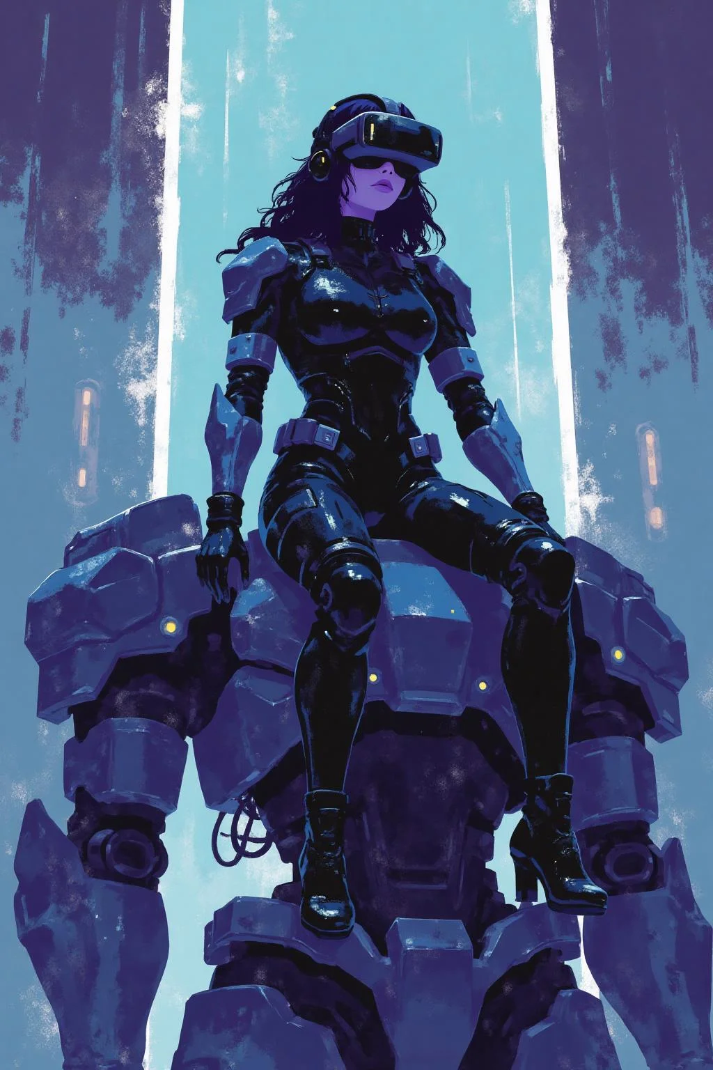 i11ustmin Illustration A striking, futuristic scene depicts a woman dressed in sleek, form-fitting leather attire, sitting confidently atop an open power suit, inspired by the cyberpunk aesthetics of Masamune Shirow. The power suit, a blend of advanced technology and military-grade armor, features intricate mechanical details, exposed wiring, and a robust, yet streamlined design. The woman, wearing a cutting-edge VR headset, exudes a sense of control and mastery over the machine beneath her. Her posture is relaxed yet commanding, with one hand resting on the suit’s metallic surface and the other casually holding a piece of advanced tech. The background is a high-tech industrial setting, with dim lighting that casts dramatic shadows, highlighting the fusion of human and machine. The overall atmosphere is one of futuristic coolness and cybernetic elegance, capturing the essence of Shirow’s iconic <lora:minimalist_flat_illustration_nbm:1.0><lora:797681358223761955:0>