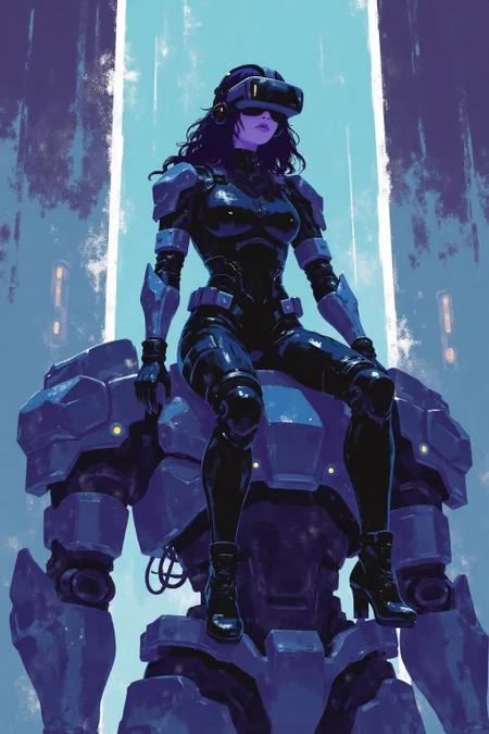 i11ustmin Illustration A striking, futuristic scene depicts a woman dressed in sleek, form-fitting leather attire, sitting confidently atop an open power suit, inspired by the cyberpunk aesthetics of Masamune Shirow. The power suit, a blend of advanced technology and military-grade armor, features intricate mechanical details, exposed wiring, and a robust, yet streamlined design. The woman, wearing a cutting-edge VR headset, exudes a sense of control and mastery over the machine beneath her. Her posture is relaxed yet commanding, with one hand resting on the suit’s metallic surface and the other casually holding a piece of advanced tech. The background is a high-tech industrial setting, with dim lighting that casts dramatic shadows, highlighting the fusion of human and machine. The overall atmosphere is one of futuristic coolness and cybernetic elegance, capturing the essence of Shirow’s iconic <lora:minimalist_flat_illustration_nbm:1.0><lora:797681358223761955:0>