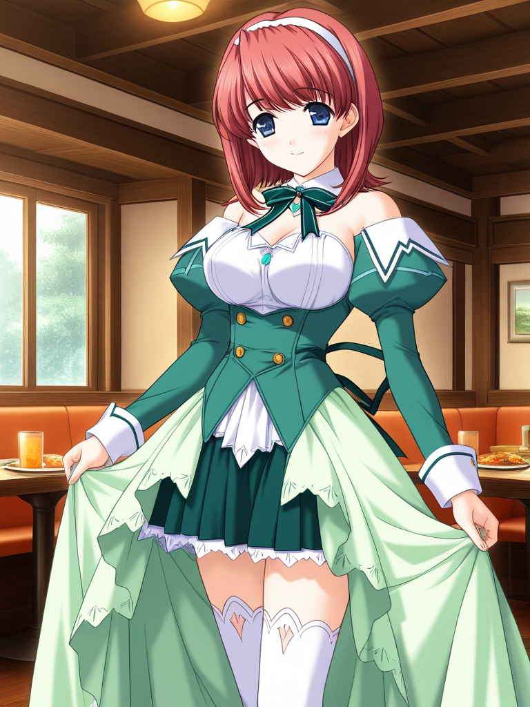 general,highres, game cg, ultra-detailed,very aesthetic,best quality ,best hands,  BREAK <lora:Hasegawa_Akemi_IS:1>Hasegawa_Akemi, solo, blue eyes, red hair, hairband, short hair, large breasts, 
BREAK, 
 large breasts, green ribbon long, green wide robe, 1girl, solo, thighhighs, bow, hairband, green skirt, red hair, zettai ryouiki, bare shoulders, white thighhighs, detached sleeves, smile, long sleeves, ribbon, detached collar, green dress, at a restaurant , modern indoors, closed mouth,