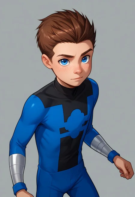 score_9, score_8_up, score_7_up, highly detailed, cute boy, 1boy, solo, young, Jack Power, Blue Eyes, Brown Hair, Freckles, Mass Master, Blue and Black Bodysuit