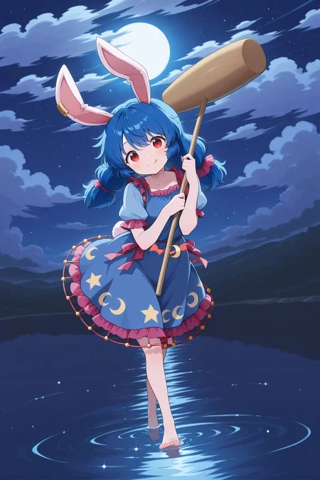 absurdres, highres, masterpiece, best quality, amazing quality, official anime artwork, screencap, anime screencap, full moon, standing, night, clouds, looking at viewer, smile, tongue out, lake, water, on water, feet, 
<lora:Seiran_Illustrious:1> seiran, 1girl, solo, red eyes, blue hair, long hair, low twintails, rabbit ears, rabbit tail,, earclip, blue dress, short sleeves, crescent print, star print, holding mallet,