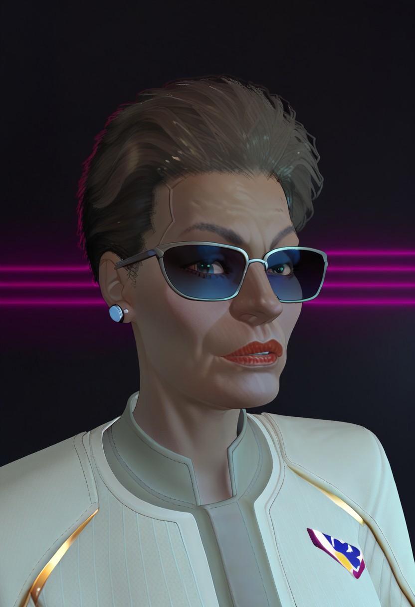 Rosalind Myers, score_9, score_8_up, score_7_up, BREAK, <lora:balsamique-guy-PONYv1:1>, 1girl, solo, <lora:gwentd-guy-ponyv1:0.9> gwentd, two-tone hair, lipstick, leather jacket, sunglasses, outdoors, city, depth of field, portrait, synthwave, sunset, wireframes, red sun, vaporwave, neon palette, neon lights,