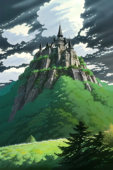 In a fantasy world, in ghibli style. On the grass near the edge of a forest. The grass is wild and unkempt. Clumps of tall pampas grass blow in the breeze. The forest is tall and ancient. The trees are some type of tall oak with massive trunks. The leaves are turning color, but most are still green. Under the trees it is dark, overgrown with thorns and small pale trees. Old spiderwebs hang from the trees. A misty fog is under the canopy and rises in misty tendrils above the forest. In the background, far into the forest, a lone tall mountain rises, it's middle lost in clouds. Above the clouds, high into the sky, the top of the mountain rises. On the top of the mountain is a dark stone castle with tall pointed towers and rising tiers inside. The castle is elegant, but dark and sinister. The air around the castle looks darker, a trick of the light, or magic. There is an atmosphere of adventure, enchantment, and danger.