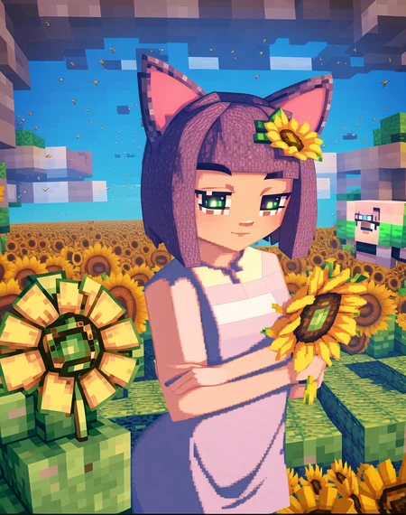 beautiful, masterpiece, best quality, masunya, cat ears, (purple skin color:1.1), (white wedding dress:1.1), outdoors, multiple bees, water,elon, summer sunflower field, fisheye,<lora:my_LoRA_masunya_v3:0.8> (minecraft style:1.2)