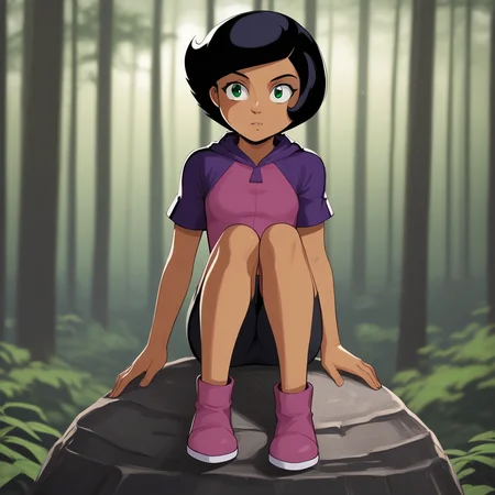 score_7_up, BREAK, 1girl, solo, Megan, black hair, short hair, green eyes, tan, dark skin, <lora:Megan_SpieZ_PXL_Leaf3:1>, forest, blurry background, sitting on rock,