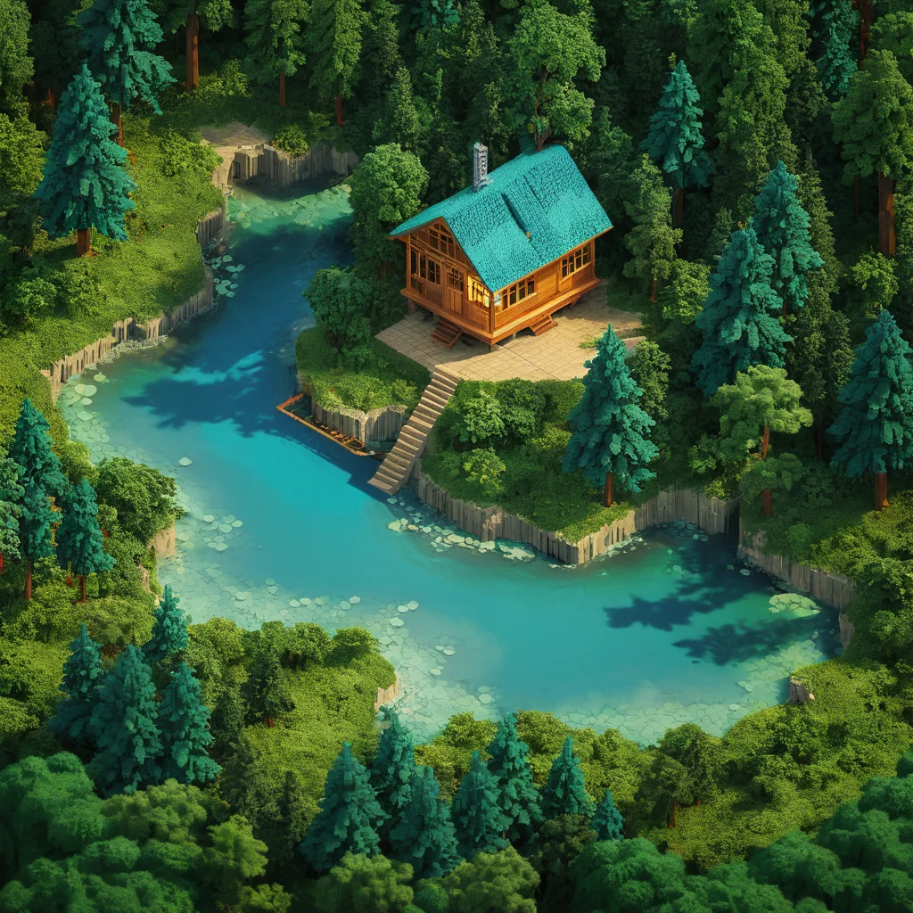 isometric style small cabin, forest, river, tilemapstyle, voxell, 3d \, (artwork\), scenery, <lora:TileMapStyle_v1:0.85> . vibrant, beautiful, crisp, detailed, ultra detailed, intricate