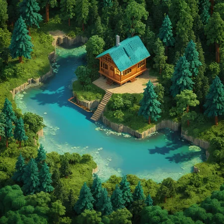 isometric style small cabin, forest, river, tilemapstyle, voxell, 3d \, (artwork\), scenery, <lora:TileMapStyle_v1:0.85> . vibrant, beautiful, crisp, detailed, ultra detailed, intricate