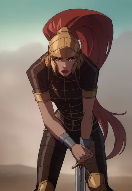 score_9, score_8_up, score_7_up, solo, 1girl, lipstick, long hair, red hair, ponytail, green eyes, armor, pants, helmet, armlet, bare, knee boots, artemis of bana-mighdall, battlefield, sword