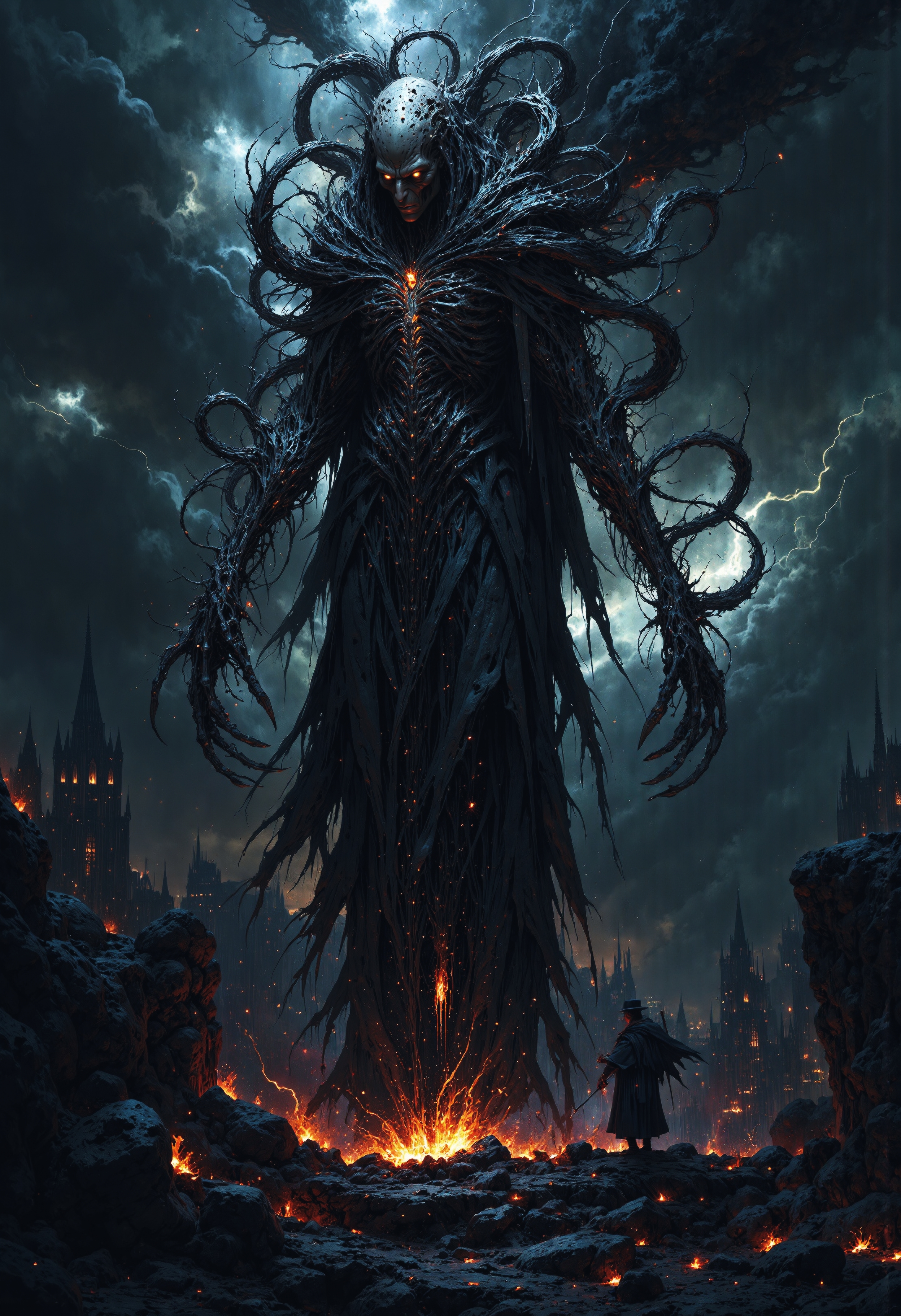 A midjourney style oil painting of a digital artwork in a dark fantasy etherial style, featuring an ethereal figure emerging from a dark, misty environment. The reaper is tall and slender, with an elongated, skeletal frame. Its body is composed of twisted, sinuous black tendrils that coil and intertwine, resembling a living, organic mass. The face remains obscured, but glowing, fiery orange eyes pierce through the darkness, exuding a menacing presence. The figure's hands are claw-like, with long, bony fingers extending eerily into the mist.His long, tattered robes thrash violently in the howling winds as he conjures a malevolent spell, swirling dark, lightning aura. The sky is suffocating with roiling, almost pitch-black clouds, emanating an oppressive, inescapable dread. Thick, ominous smoke rises from the shattered earth below, twisting like shadowy phantoms around the spire, feeding off the sorcerer's dark power. The horizon is scorched with the eerie flicker of otherworldly fire, casting a ghastly, sickly glow that clashes with the deep, impenetrable shadows. Sparks of chaotic, violent energy erupt from the sorcerer's staff, searing through the sky like jagged bolts of cursed lightning, their crackling resonance filling the air with an unholy hum. His face, barely visible in the gloom, is twisted in a mask of ancient, malevolent power, exuding a terrifying, god-like presence, his eyes burning with dark knowledge. The spell's magic pulsates, almost sentient, sparking wildly with pure evil, sending waves of inky black smoke spiraling into the infinite night. The entire scene feels otherworldly, malevolent, and apocalyptic, a visual crescendo of doom as reality itself fractures under the sorcerer's malevolent will, evoking an overwhelming sense of impending annihilation and chaos.