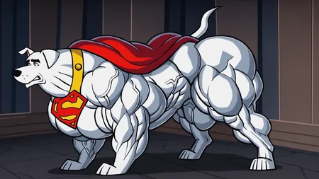 male,feral,solo,
standing,idle,
krypto,white dog,<lora:Krypto:0.8>,white fur,white body,(feral dog:1.2),red collar,superman logo,red cape,
muscular rump,muscular thighs,obliques,
(hyper muscle feral:1.2),(hyper muscular feral:1.2),(feral muscle:1.1),muscle growth,<lora:muscular-feral-000002:0.5>,
vein,veins,veiny muscles