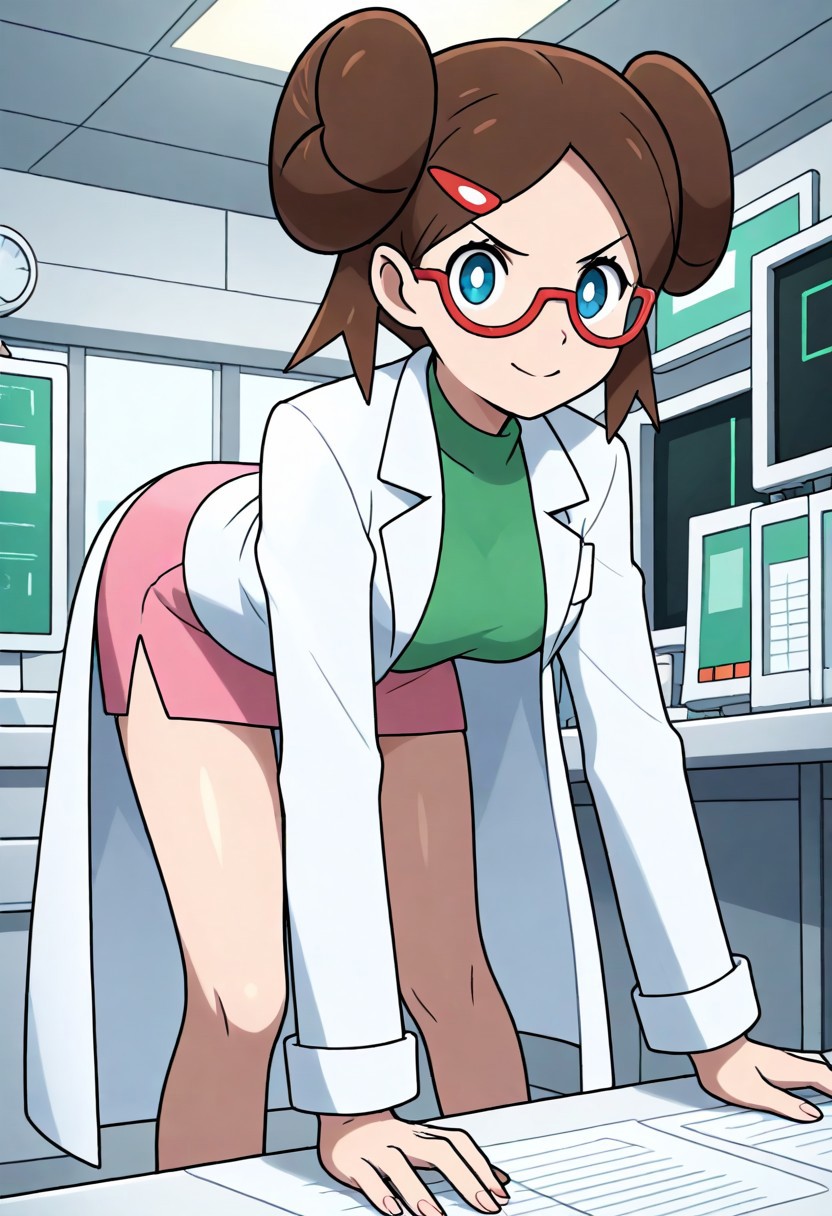 2d, masterpiece, best quality, amazing quality, 1girl, solo, close-up, leaning forward, looking at viewer, smile, laboratory, indoors, medium breasts, profrosa, blue eyes, white pupils, short hair, brown hair, twintails, double buns, hair clip, semi-rimless eyewear, red-framed eyewear, labcoat, long sleeves, green shirt , pink skirt, pencil skirt, bare legs, shoes, pink footwear, score_9, score_8_up, score_7_up,source_anime