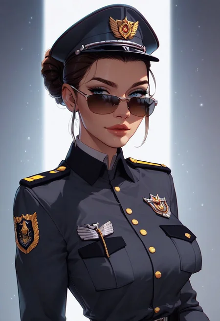 score_9, score_8_up, score_7_up, score_6_up, score_5_up, score_4_up, cartoon, (4k quality, masterpiece):1.4), ( best quality:1.1), 1woman, gorgeous, police officer, brunette updo, hair in a tight bun, officers cap, aviator sunglasses, shortsleeved, (dark navy uniform:1.6), (athletic:1.2), (thin:1.2), confident, fierce, (sexy pose), illustration,