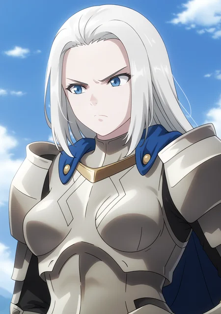 score_9, score_8_up, score_7_up, score_6_up, score_5_up, score_4_up, grey_armor, Scama_Elbero, looking_to_the_side, medium_breasts, solo, forehead, closed_mouth, frown, plate_armor, breastplate, boobplate, shoulder_armor, pauldrons, blue_cape, upper_body, close-up, outdoors, day, blue_sky, cloudy_sky, <lora:Scama_Elbero_V1(SDXL)_1:1> <lora:hand 4:1>, Hand, detailed, perfect, perfection, hands,