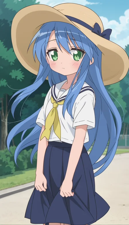 long hair,green eyes,blue hair,1girl,<lora:Kanata_Izumi-000009:0.8>,hat,blush,looking at viewer,wind,anime screencap,score_9,outdoors,(school uniform:0.8),skirt,