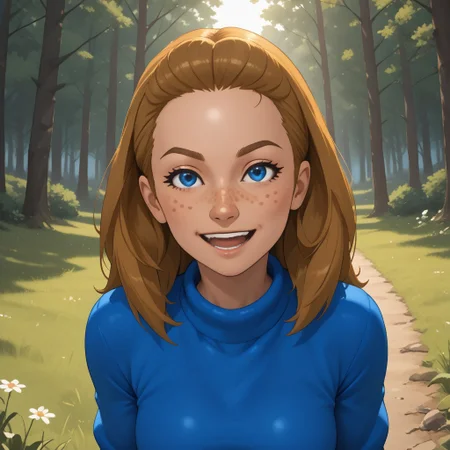 score_9, score_8, BREAK, solo, wii, mii, dark blonde hair, blue eyes, freckles, open mouth, dark blue clothing, 1girl, black pants, breasts, Abby_(Wii_Sports), wii sports, female mii, 1girl, cute, shoes, nintendo mii, modern_mii, classic_mii, sexy pose, smile, outdoors, sunlight, shadows, evening lighting, natural lighting, forest, trees, grass, orange sky, sunset