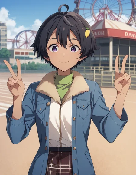 score_9, score_8_up, score_7_up, source_anime, BREAK
1girl, solo, blurry background, looking at viewer, outdoors, bluesky, smile, funfair, amusement park, roller coaster, ferris wheel, crowd, cowboy shot, v pose,
lemon yakishio, short hair, black hair, hair between eyes, ahoge, lemon hair ornament, purple eyes, dark skin,
blue jacket, open clothes, long sleeves, fur trim, green turtleneck, plaid skirt, black pantyhose,
<lora:lemon_yakishio_anime_v3-soralz:1>