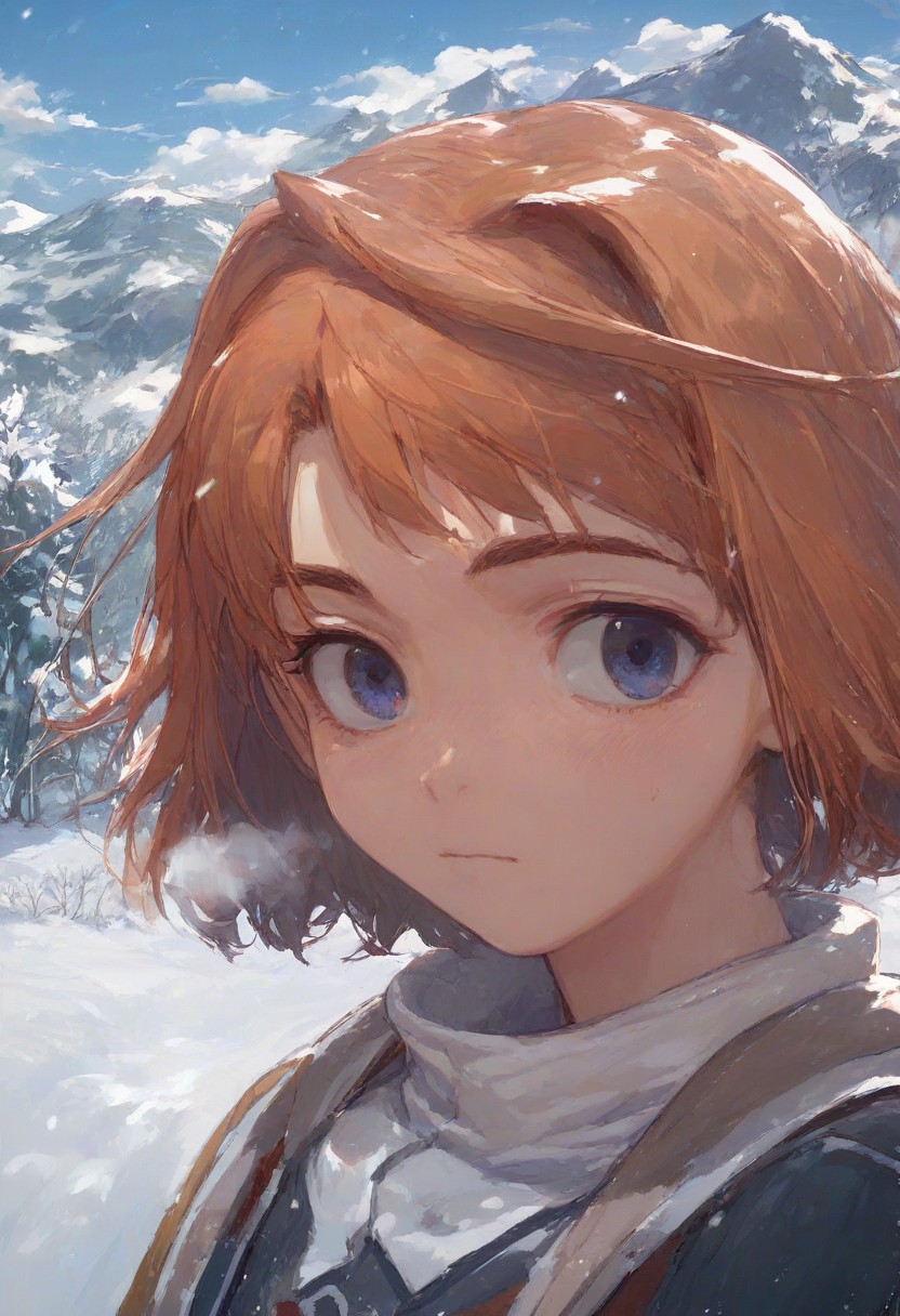 Expressiveh, mai tokiha score_9, score_8_up, score_7_up, 
 nekoyashikiyuki, 
snow mountain, footprints on the snow, white breath, upper body,