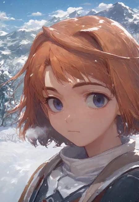 Expressiveh, mai tokiha score_9, score_8_up, score_7_up,
nekoyashikiyuki,
snow mountain, footprints on the snow, white breath, upper body,