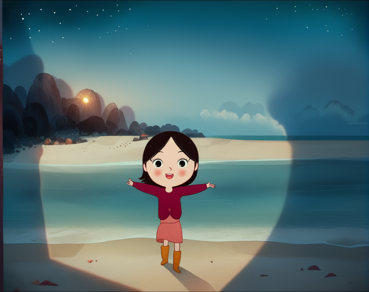 zPDXL3, source_cartoon, Perfect Hands, full body, 
1girl, solo,saoirse, black hair, blush, skirt, short hair, boots, black eyes, red shirt, long sleeves , night, beach, stars, dancing, looking at viewer, reaching at viewer, happy, magical, (detailed background:1.3), wide shot,
<lora:Perfect Hands:1><lora:Saoirse_-_The_Song_of_the_Sea:1>