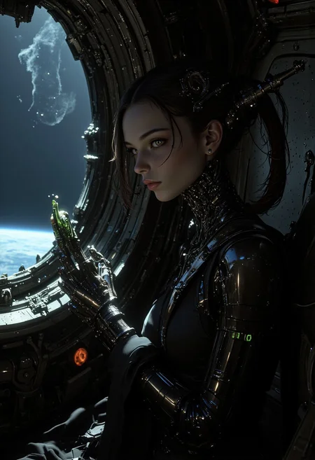 In a shadowy, abandoned spaceship drifting through the depths of space, a lone survivor huddles in the dim glow of flickering emergency lights. Her wild, disheveled hair reflects the eerie green luminescence from a strange, pulsating alien artifact she clutches tightly in her hands. The walls are lined with grotesque carvings of otherworldly creatures, and an unsettling silence is punctuated only by the distant echoes of unseen horrors lurking in the shadows. Above her, a warped window reveals the vast emptiness of space, dotted with the glimmer of distant stars, each one a reminder of the isolation that surrounds her. As she breathes heavily, wisps of cold mist escape her lips, creating a chilling atmosphere of dread. This moment encapsulates the haunting beauty of survival against insurmountable odds, blending elements of alien terror and the psychological struggle of facing the unknown.S1n0z1ck style, perfection style,D4rkCyb3rDyn34n1m3 style