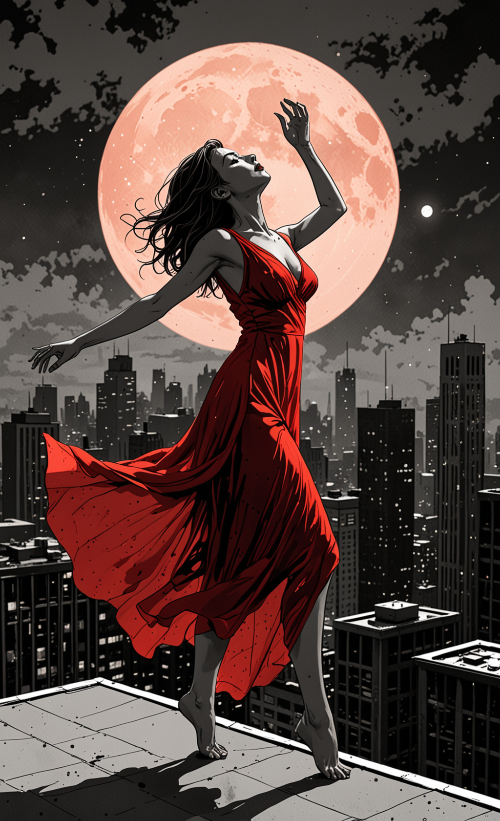 ink illustration, hauntingly sad scene of a woman dancing on her own on the roof of a skyscraper under a red moon, the woman's red dress and moon are the only splashes of color, ink splashes, rough ink sketch, moody, gloomy, dark picture, high contrast, stylized, ultra detailed(Very Intricate), <lora:Dices_real_style_cartoon:0.6>, Ultra Realistic, cartoon, 3D UHD,