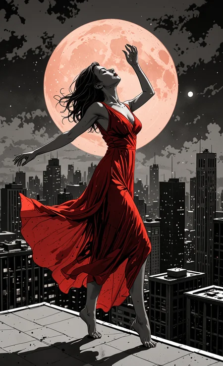 ink illustration, hauntingly sad scene of a woman dancing on her own on the roof of a skyscraper under a red moon, the woman's red dress and moon are the only splashes of color, ink splashes, rough ink sketch, moody, gloomy, dark picture, high contrast, stylized, ultra detailed(Very Intricate), <lora:Dices_real_style_cartoon:0.6>, Ultra Realistic, cartoon, 3D UHD,