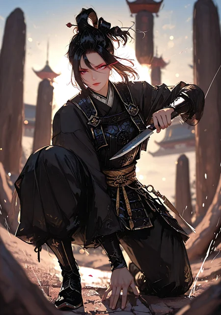 masterpiece, best quality, good quality, very aesthetic, absurdres, newest, 8K, depth of field, focused subject, visual storytelling, dynamic composition,
stylized, scenery, bokeh, blurred background,
Black Myth Wukong, Wukong hairstyle,
chinese mythology, (dynamic pose:1.3), eye-trails, fighting-stance, eye trail, zone-eyes, high speed motion, intense action shot, curved black knife, (carvings on the knife)
upper body focus,
storm aura, divine energy, long flowing sash, ancient armor, windblown hair, dramatic sky, celestial clouds, mythic scale, sakura petals, cinematic composition, backlighting, volumetric light, storytelling scene, symbolic environment, god-tier illustration,(sketch:1.3), in the style of cksc, detailed hand grip on knife
