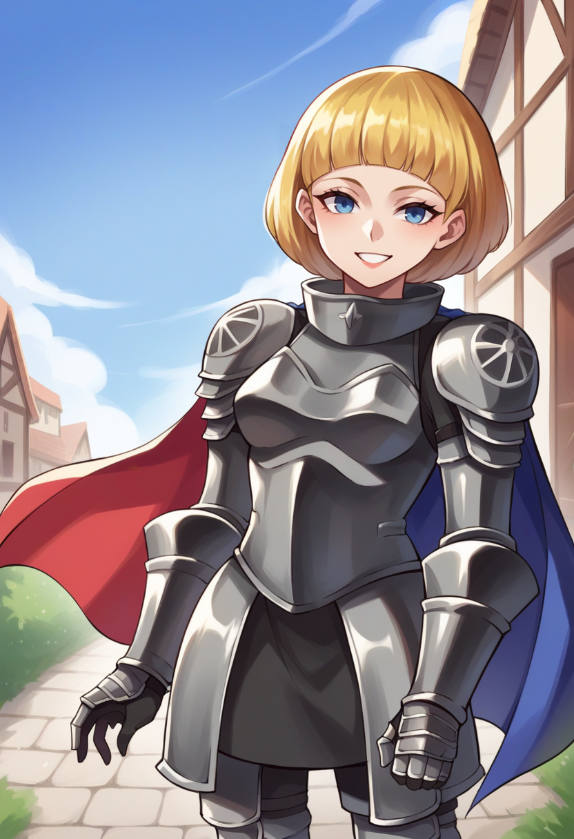 score_9, score_8_up, score_7_up, source_anime BREAK 1girl, solo,
looking at viewer,  smile, standing, village, blue sky, cowboy shot
 jeannesmt, blonde hair, short hair, blue eyes, armor, knight, greaves, red cape, blue cape <lora:zs_JeanneDArcXL-000007:1>