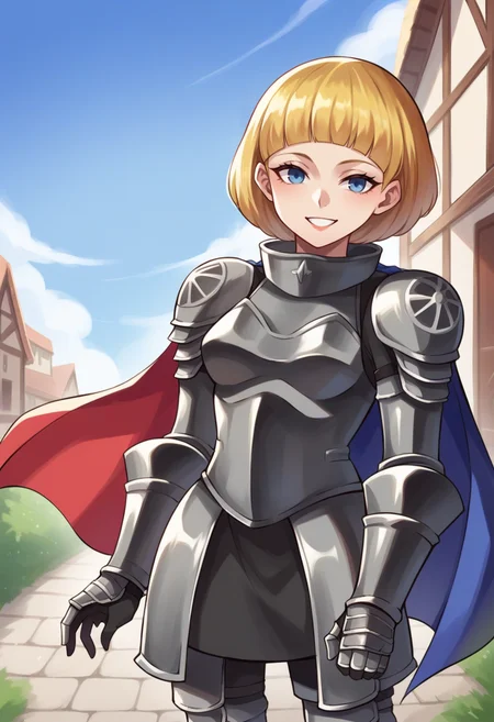 score_9, score_8_up, score_7_up, source_anime BREAK 1girl, solo,
looking at viewer, smile, standing, village, blue sky, cowboy shot
jeannesmt, blonde hair, short hair, blue eyes, armor, knight, greaves, red cape, blue cape <lora:zs_JeanneDArcXL-000007:1>