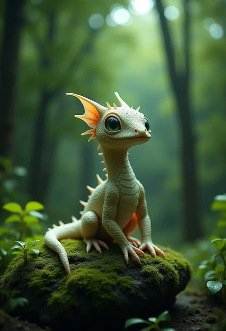 A highly detailed, hyper-realistic digital artwork featuring a fantastical, dragon-like creature in a lush, forested environment. The creature, positioned centrally, has a small, sleek body covered in a scaly texture. It has large detailed eyes. The background is a blurred, dark green forest, with bokeh-like effects that create a sense of depth and mystery. The creature sits on a moss-covered rock, surrounded by vibrant green foliage, adding to the natural, serene atmosphere of the scene. The overall style of the artwork is hyper-realistic, with meticulous attention to detail in both the creature's anatomy and the environment. magical appearance, delicate, translucent structures