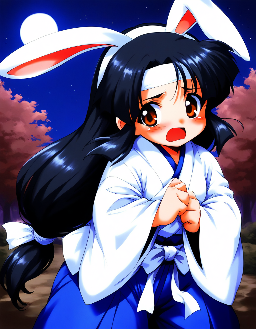 score_9, score_8_up, score_7_up, source_anime, rating_explicit, BREAK  <lora:Sayo-chan_TsukiyoSoushi_XL:0.9> Sayo-chan_TsukiyoSoushi, long hair, black hair, white headband, brown eyes, low-tied long hair, parted bangs, short stack,
japanese clothes, solo, ofuda, open mouth, blue hakama, hakama,  wide sleeves, skirt, long sleeves, 
torn clothes, animal ears, rabbit ears, v arms,
looking at viewer, sad, blush,
night moon,