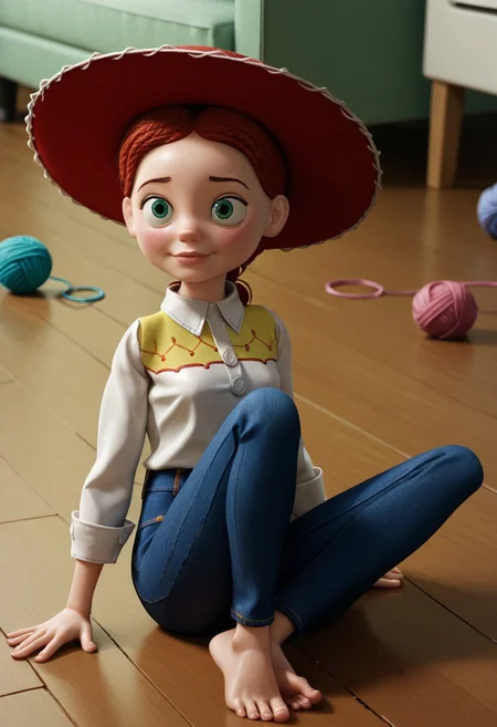 score_9, score_8, score_7, score_6, Jes_sie, 1girl, rating_explicit, red hair, hat, sitting on the floor, barefoot, tight shirt, seductive eyes, seductive smile, plastic skin, yarn hair, toy,