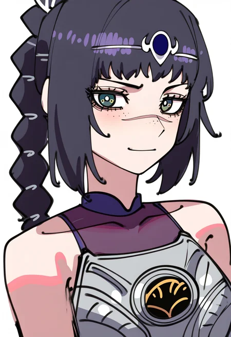 best quality, amazing quality, very aesthetic, absurdres, sketch,
BREAK
1girl, solo, shadowheart, black hair, braided ponytail, green eyes, scar on face, circlet, armor,
smile, looking at viewer, upper body, simple background, white background, <lora:ShadowHeartIllustrious_byKonan:0.8>,  <lora:DoodleAnimeNoobLocon_byKonan:1>