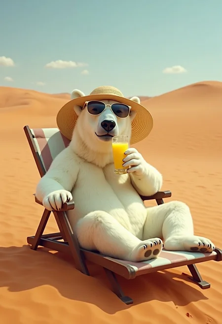 Depict a surreal image of a polar bear, lounging on a deck chair among the vast sand dunes of a scorching desert. The bear is wearing a straw hat and sunglasses, sipping a cool lemonade. The sun beats down, but the bear appears entirely at ease in its unlikely setting.