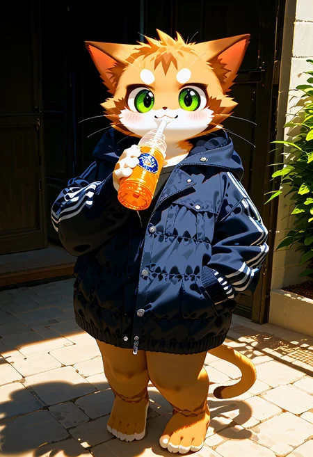 zuppu11, furry, cute, solo, score_9, score_8_up, score_7_up, looking at viewer, male focus, zPDXL3, furry male, cat, detailed eyes, blushing, Expressiveh, drinking, holding bottle, full body