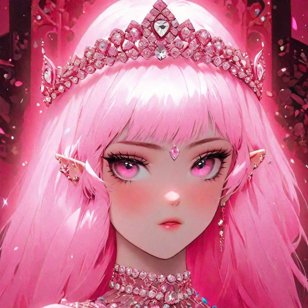 Pink haired maiden wearing a beautiful diamond studded crown, pink aesthetic, princesscore, fantasycore, intricate background, vibrant, pretty, hyperdetailed, photorealistic, dynamic lighting, inspired by nijijourney and pinterest art