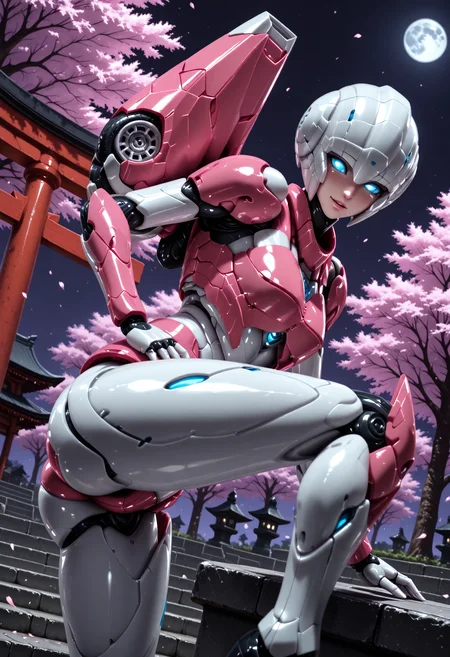 masterpiece, best quality, good quality, very aesthetic, hyper detailed, digital painting, trending on ArtStation, absurdres, newest, 8K, anime screencap, anime coloring, detailed background, offical art, very aesthetics of fine arts, <lora:spo_sdxl_10ep_4k-data_lora_webui:1>, lazypos, <lora:Latex_MBA_style:1>, perfect anatomy, <lora:prompt_extend:1>, <lora:wai-Rectified-s:1>,
<lora:furaiarceeTF-IL:1>, furaiarcee\(transformers\), 1girl, mecha, robot, autobots, blue eyes, glowing eyes, no pupils, breasts, solo, no humans, science fiction, <lora:handPatchUnet:1>, detailed_hands, elegant_fingers, (petite), cute face, looking at viewer, dynamic angle, cowboy shot, smile, blush, cherry blossoms, falling petals, shrine, night, moon, torii, outdoors, serious, parted lips, bent over, arm on knee, hand on own hip, legs apart, thighs, knee up, foot, from side, ultra_beautiful,