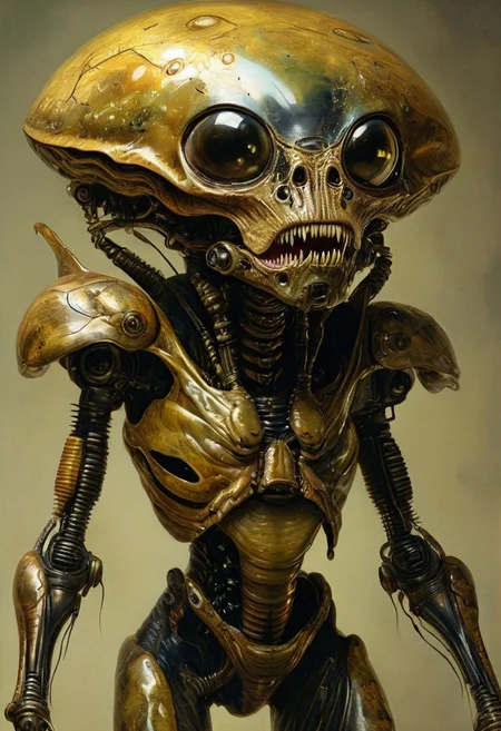 Rembrandt realistic oil painting, full body, retro artstyle, score_9, score_8_up, score_9_up, very detailed, ultra realistic, (best quality) very detailed masterpiece, full body picture of a futuristic alien, cyborg alien creature in nature, big mouth with big fangs, iridescent skin, proboscis, brown olive black velvet, very dark background, gold, very dramatic lighting, much shadow, rembrandt style, vermeer style, low saturation, full body, realistic realistic, realism, photo realistic oil painting, photo realistic painting
