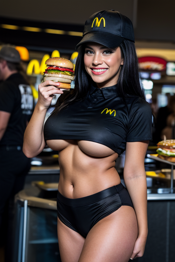 masterpiece, 1girl, cowboy shot, smile, McDonaldsUniform, <lora:McDonaldsUniform:0.8> cheeseburgers on breasts, solo, light smile, shirt, black shirt, uniform, black pants, very long hair, black hair, <lora:Underboob CropTop by Stable Yogi:0.8> underboob t shirt, underboob bra
<lora:DETAIL_SLIDER_BY_STABLE_YOGI:0.8>
<lora:NOISEOFFSET_BY_STABLE_YOGI:0.8>