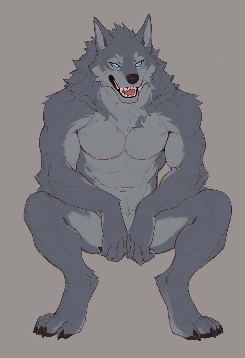 Anthro muscular wolf, full body sitting pose, confident smile, sharp ears, short gray and light gray fur with subtle texture, clean lineart featuring bold line variation, semi-realistic shading combining flat colors and delicate gradients, detailed expressive eyes with visible sharp teeth, strong and well-defined muscular anatomy, relaxed natural sitting posture, soft natural lighting with gentle shadows, male furry, solo, harmonious natural color palette, clear and minimalistic background, sketch, flat color