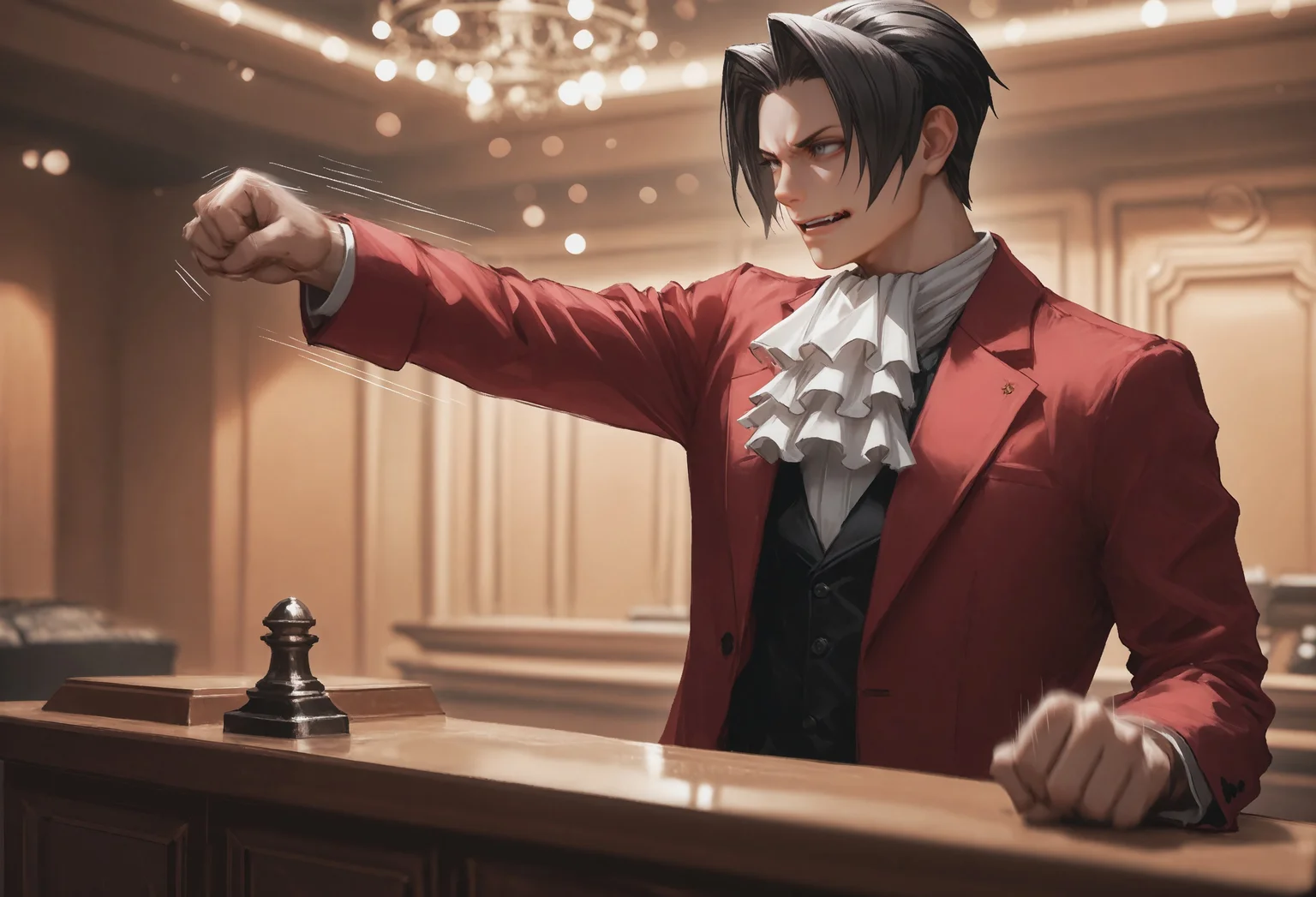 c0rtr00m,indoors, formal, courtroom, 1boy,male focus,iles Edgeworth,one empty hand,hand on counter,courtroom,indoor,outstretched arm,((clenched fists,fist on counterfocused,determined,angry,fists on counter)),dark hair,swept back hair,,ascot,red jacket,dramatic,dramatic stance,dynamic pose,side view,stylish,((perfect eyes,dark eyes,grey eyes,)),,expressive,cinematic,indoors,far away,  ,detailed eyes,perfect eyes,motion blur,motion lines,motion cinematic,dutch angle,bokeh,depth of view, young,handsome,cute,handsome,young,smug smile,smirk,open mouth,bending,bending arm,leaning backward