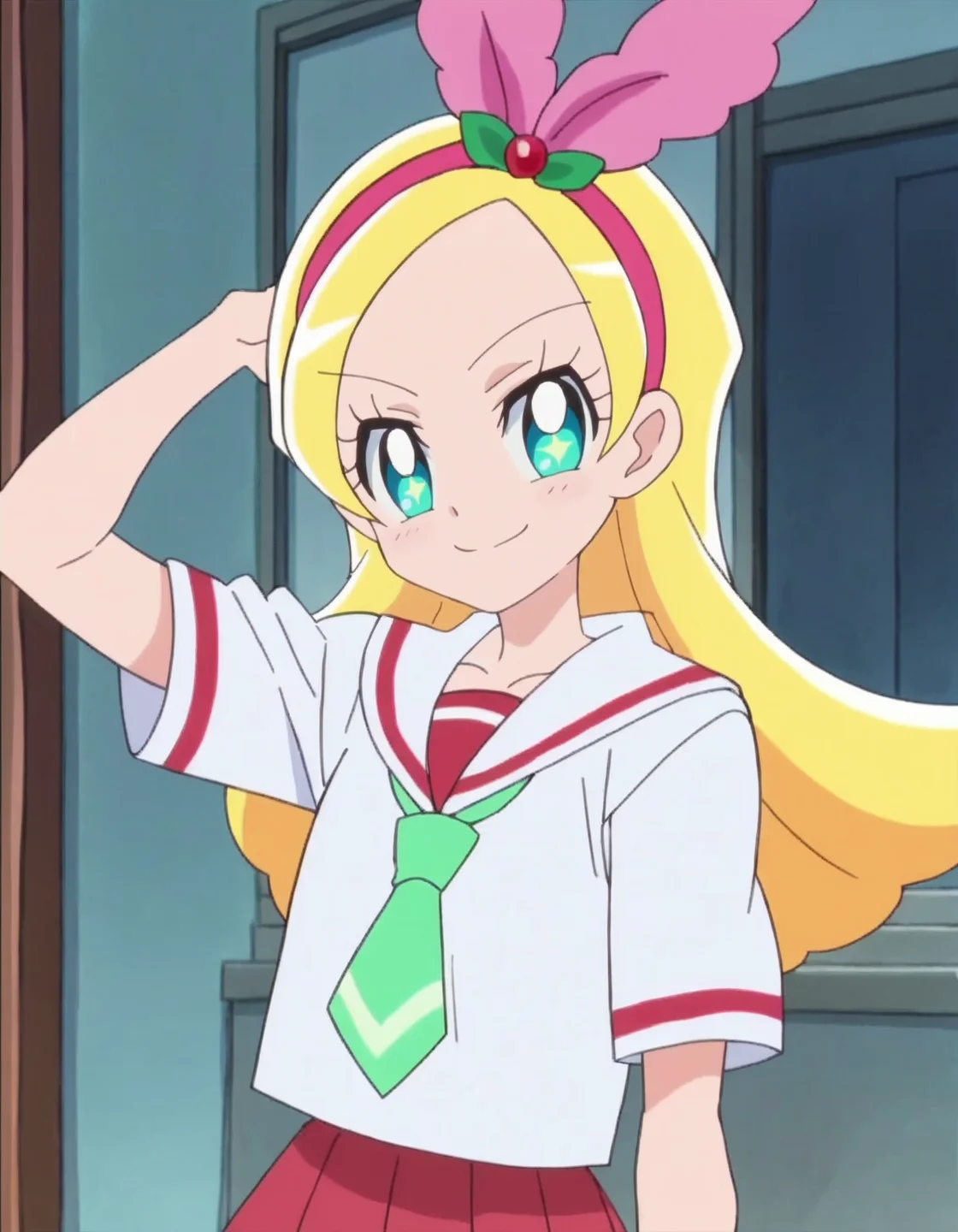 score_9, score_8_up, score_7_up, 1girl, solo, anime screencap, kiraboshiciel, school uniform, hairband, smile, pink hairband, looking at viewer, necktie, serafuku, green necktie, red skirt,   cowboy shot,small breasts,<lora:kiraboshiciel:0.8>