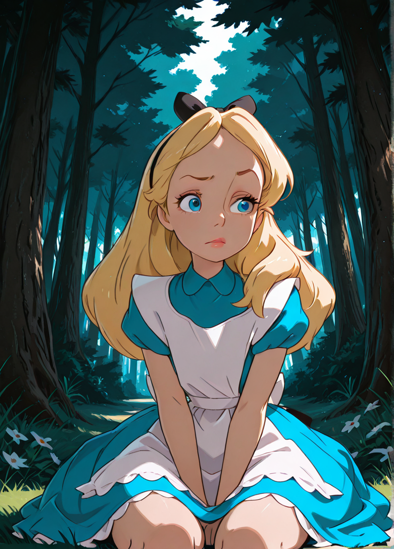 masterpiece, best quality, amazing quality, very aesthetic, absurdres, newest, 4k, 8k, dynamic angle, official style, (jaggy lines, sugimorixd:1.2), outdoors, forest, flowers, grass, sitting, looking at viewer,
alicexd, 1girl, solo, blonde hair, long hair, hairbow, blue dress, white apron, bow, white thighs, lips, blue eyes, 
raised eyebrow,
<lora:Expression_Detailer_Illustrious_Lora:0.85>, <lora:sugimoi:1>,  <lora:Alice_-_Disney_Illustrious:1>