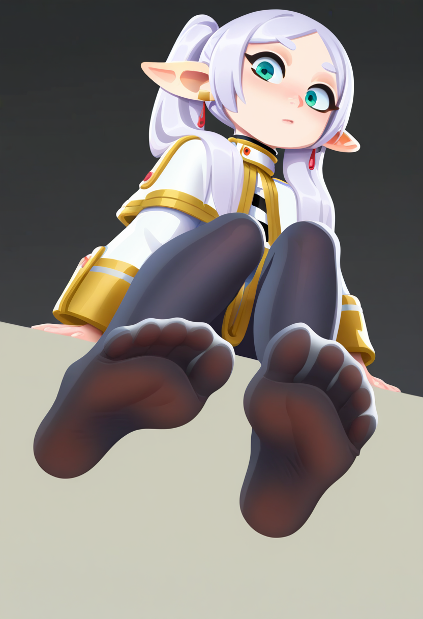 best quality, amazing quality, very aesthetic, absurdres,
BREAK
frieren, 1girl, green eyes, solo, sitting, foot focus, white capelet, black pantyhose,
looking at viewer,
from below, feet, soles, simple background,   <lora:TomacoSunderlandNoobLocon_byKonan:1>