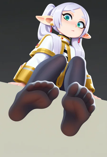 best quality, amazing quality, very aesthetic, absurdres,
BREAK
frieren, 1girl, green eyes, solo, sitting, foot focus, white capelet, black pantyhose,
looking at viewer,
from below, feet, soles, simple background,   <lora:TomacoSunderlandNoobLocon_byKonan:1>