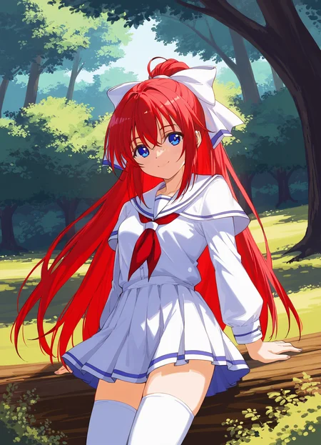 score_9, score_8_up, score_7_up, masterpiece, best quality, absurdres, official art, official style, anime screencap, megami magazine, zPDXL2, zPDXLxxx, <lora:Shiratori Mikoto (In'youchuu Chiroku ver) Pony v1_epoch_10:0.7>, 1girl, solo focus, shiratori_mikoto, large breasts, BREAK, (blue eyes:1.1), BREAK, red hair, long hair, ponytail, sidelocks, bangs, BREAK, hair ribbon, white ribbon with blueline, BREAK, school uniform, capelet, white jacket with black sideline, BREAK, red ribbon, BREAK, white skirt with black lining, pleated skirt, sawtooth hem, BREAK, (white thighhighs:1.2), BREAK, <lora:neg4all_bdsqlsz_xl_V91:1.0> <lora:ALTXL_pony_0061_8:2.0>, <lora:detailed_hands-000002:1>, hand outdoors, national parks, grasslands, tree, standing, dim lighting, light particles, open eyes, smile, looking at viewer, A girl standing under a large tree in a park during the early morning, with sunlight from the sunrise streaming through the branches. She has one hand resting on the tree trunk, casting long shadows across the park. The scene captures the serene, fresh atmosphere of the early morning with golden light illuminating the girl's silhouette and creating a peaceful, contemplative mood.