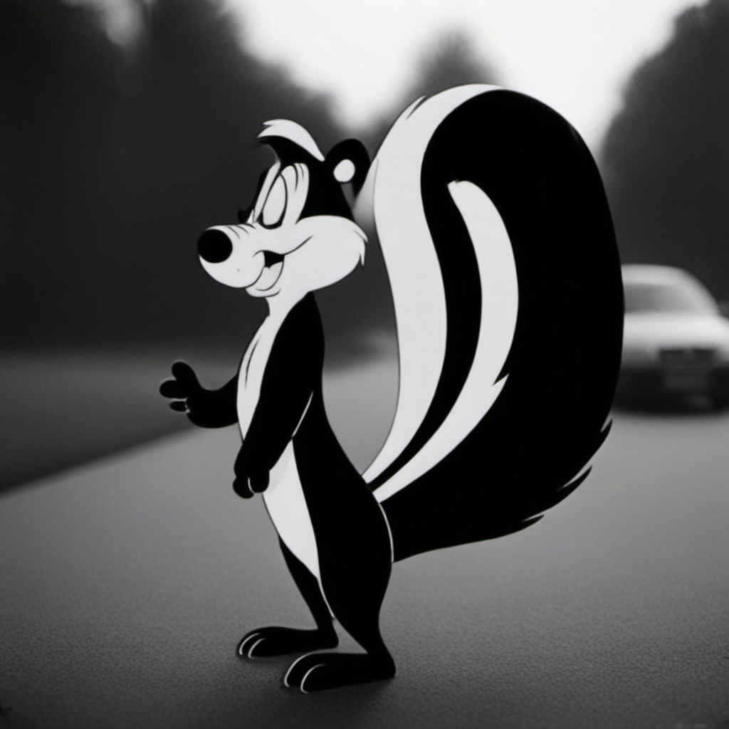 cinematic photo a cartoon character with a big furry black and white tail, walking in the street <lora:Pepe1024:0.8> . 35mm photograph, film, bokeh, professional, 4k, highly detailed