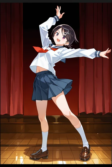 score_9, score_8_up, score_7_up, best quality, masterpiece, source_anime, anime screenshot,  BREAK,  1girl, school uniform, fuuka kakfuka, <lora:fuuka_kafukaz:1> ,in class room , Dancing with arms out to the sides,